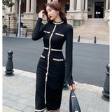Autumn Vintage Female Stretch Midi Party Dress Ladies Elegant Streetwear Long Sleeve Bodycon Button Black