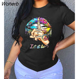 Women T-shirts Letter Print Short Sleeve O-neck Stretchy T Shirt Tops Female Fashion Streetwear Casual Tees Tops Summer-Outfit
