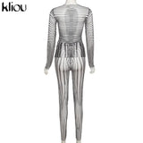 Kliou Mesh Striped Two Piece Set Women Sheath Body-Shaping High Street Sexy Hipster Long Sleeve O-Neck Female Streetwear