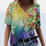 3D Floral Print T-shirts Women Fashion Short Sleeve Loose Tops Casual V-neck High Street Tee Plus Size Top