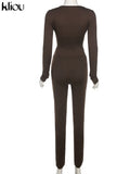 Kliou Solid Concise Two Piece Set Women Skinny Bodycon-shaping Crew Neck Bodysuit+High Waist Slim Sporty Leggings