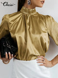 Women Satin Blouse 2022 Fashion Elegant Tunic Slik Tops Autumn Solid High Collar Shirt Long Sleeve Party Blusas
