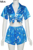 Kliou Camouflage Print Two Piece Set Women Summer Hot Beach Notched Sexy Cleavage Female Tops+Casual Lace Up Silky Skinny