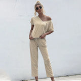 Hotsale 2pcs Women Summer Tracksuits Set Lounge Wear Short Sleeve Tops Long Pants Sweat Suits Elastic Waist Casual
