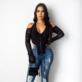 2021 Long Stacked Sleeve Halter Zipper Patchwork Sexy Crop Top Autumn Winter Women Fashion Streetwear Tshitrs Club