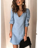 Fashion Women Summer Autumn Casual Loose Dress V-Neck Three Quarter Sleeve Mid Waist Solid Color Pullovers Mini