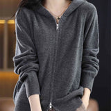 Woherb Zip Hooded Solid Knit Cardigan Women's 2024 New Pocket Wear Casual Loose Sweater Coat-Outfit