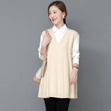 Woherb Autumn Long Loose Wear V-Neck Knit Thin Vest Vest New Large Size Set Vest Female-Outfit