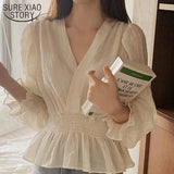 2021 Spring Sweet Shirt Elegant Korean Style Pleated Casual Lady Tops V-neck Elastic Waist Puff Sleeve Blouse Women