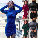 Casual Solid Bodycon Folds Drawstring Women's Dress Spring Autumn Fashion Turtleneck Long Sleeve Elegant Ladies Mini