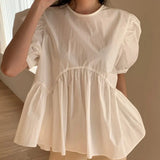 Woherb Chic Summer Careful Machine Back Hollow Tie Doll Shirt Female Loose Solid Color Bubble Sleeves Shirt Jacket-Outfit