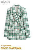 2023 Summer Women Casual Plaid Blazers Coats Veins Slim Double Breasted Female Elegant Street OL Blazer Outerwear-Outfit