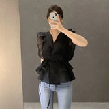 Fashion Ruffled Chiffon Shirt Women Tops New Vintage Elegant Lace-up Slim Clothing V-neck Sleeveless Blouse Chic