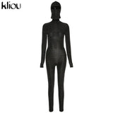 Kliou Shiny Outstanding Bodycon Hooded Jumpsuit Women Long Sleeve Sexy Backless Fashion Streetwear Skinny Slim Female