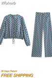 2023 Women Summer 2-Pieces Sets Vintage Print Short Blouses Tops and Trousers Female Street Two Suits Clothing-Outfit