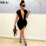 Kliou Solid Sexy Mini Dress Women Hipster Bundled Ball Sheath Short Sleeve Low V-Neck Shaped Waist Hot Streetwear Female
