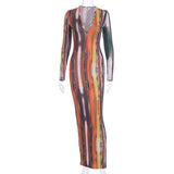 hirigin Tie Dye Stripe Print Sexy Maxi Dress Women Autumn Fashion Vestidos Night Club Party Long Sleeve Bodycon