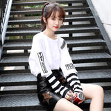 Japan Hip Hop T-Shirts Female Funny Casual Long Sleeve Strip Harajuku TShirt Streetwear Women Fake Two Piece T shirt