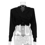 Woherb New Fashion Long Sleeve Cross Strap Design Sense Hood Crop Slim Top T-Shirt Women-Outfit