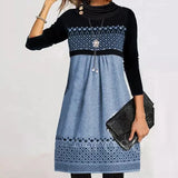 Women 2021 Autumn Winter Elegant Patchwork Print Party Dress Ladies Casual O-Neck Long Sleeve Midi Party Loose A-Line