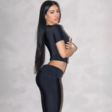 2 Piece Set Women Sexy One Shoulder Party Club Short Sleeve Crop Top And Pants Sets Elegant Streetwear Outfits Pants Se-Outfit