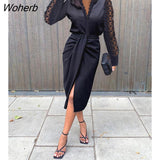 Women Contrast Lace Long Sleeve Midi Dress 2022 Femme V Neck Tied Detail Skinny Slit Robe Office Lady Work Outfits traf-Outfit