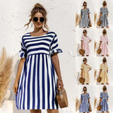 Summer Dress Fashion Striped Print Ruffles Sleeves Loose Dresses Elegant O Neck Plus Size Party Female Mini Dress