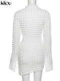 Kliou Stacked Hollow Out Mini Dress Women Fashion Stunning Long Sleeve Drawstring Undefined Skinny Skirt Attirewear Female