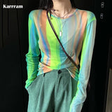 Vintage Designer Clothes Graphic Print Mesh Tops Turtleneck England Style Elegant Long Sleeve T-shirt Sheer Tops