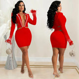 Fashion Sexy Nightclub Hot Drill V Collar Lapel Hollow Long Sleeve Short Skirt Dress-Outfit
