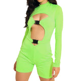 hirigin Women Bodycon Buckle Cut Out Biker Rompers Sexy Long Sleeves Hollow Out Clubwear Bodysuit One Piece Short Jumpsuit