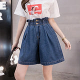 Plus Size Women Denim Shorts Elastic High Waist Loose Korean Short Jeans Fashion Casual Button Blue Wide Leg Shorts