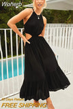 Elegant Hollow Out O-Neck Sleeveless Black Summer Midi Dress Women A-Line Lace Up Boho Long Dresses Holiday Vestidos-Outfit