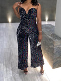 Women Shiny Sequin Jumpsuit Sexy Strapless Glitter Party High Waist Wide Leg Pants Clubwear Backless Female One Piece Night
