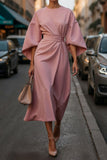 Women's Fashion Temperament Elegant Solid Color Waist Dress Casual Bat Sleeve