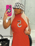 Sweet Turtleneck Sleeveless Letter Print Slit Mini