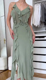Solid Women's Irregular Hem Suspender Dress Sexy V-necked Off Back Sleeveless Midi Robe 2023 Summer Lady Prom Chic Vestido-Outfit