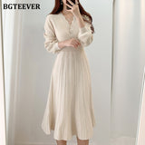 Elegant Women Single-breasted Sweater Dress 2020 Winter Warm Slim Waist Female Knitted Dress A-line Vestidos femme-Outfit