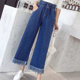 Spring Plus Size Women Jeans Tassel High Waist Elastic Ankle-Length Denim Pants Fashion Loose Wide leg Female Jeans