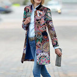 S-3XL Women's Jacket Winter Loose Print Stand Collar Mid-length Jacket women Coat Vintage Long Sleeve Spring