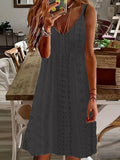 Woherb Women's Summer New Hollow Jacquard V-Collar Sling Solid Color Dress-Outfit