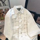 Summer Cross Knit Blouse Women Checker Weave Short Sleeve Lady's Solid Oversize Shirts Unisex Elegant Streetwear Tops-Outfit