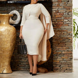 Bodycon Midi Dress African Dresses for Women 2023 Daily Elegant High Waist Bandage 3/4 Sleeve Robe Femme African Clothes-Outfit