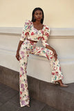 Women Elegant Linen Flower Printed Slit Midi Skirt Suit Chic Puff Sleeves Backless Crop Top Set Summer Lady High Streetwear 2024-Outfit