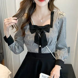 Cute Sweet Bow Tie Tops Square Neck Retro Vintage Plaid Shirts 2021 Women Autumn Basic Wear Chic Japan Style