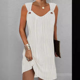 Woherb Spring And Summer Temperament Commuting Simple Pure Color Metal Button V-Neck Sleeveless Dress-Outfit