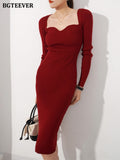 Vintage Square Collar Package Hip Knitted Dress Women Autumn Winter Full Sleeve Slim Fit Bodycon Sweater Dress Female-Outfit