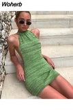 Halter Backless Dress Women Club Party Sleeveless Knitted Bodycon Dresses Summer Beach Night Female Mini Dress Vestidos 601-1-Outfit