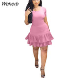 Fashion Elegant Ruffle Dress Women Sexy Solid Round Neck Short Sleeve Hollow Lace Up Ruffle Mini Dress Women-Outfit