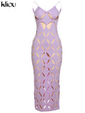Kliou Unique Style Geometric Maxi Dress Women Elegant Spaghetti Strap Cleavage Backless Hollow Out Robe High Street Lady